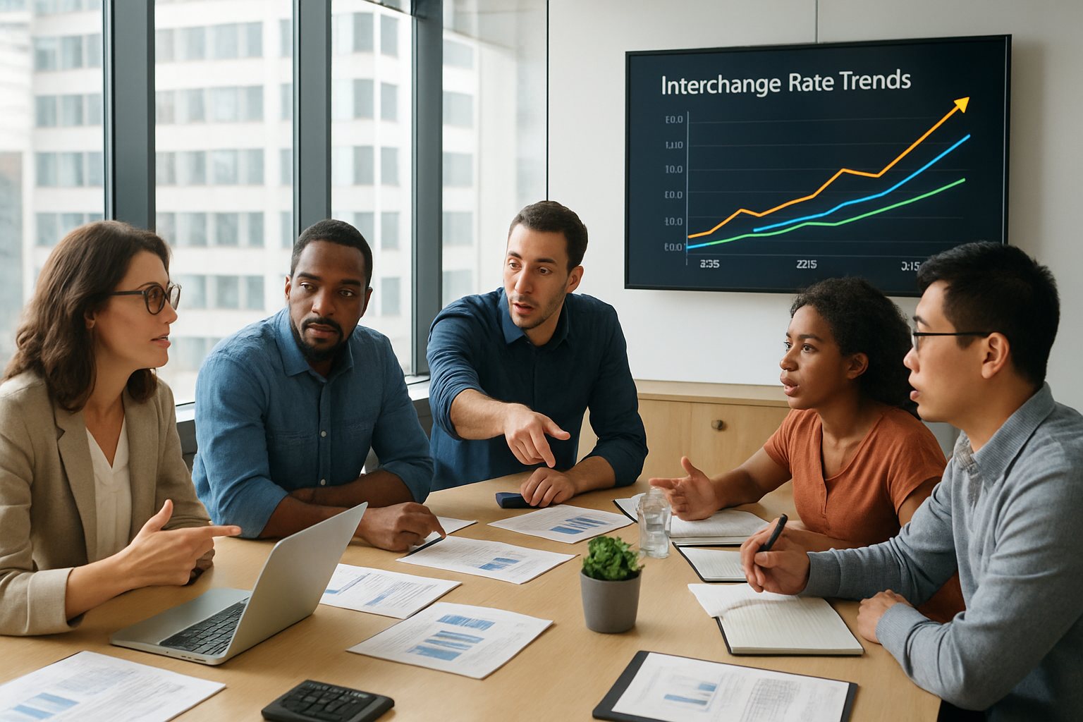 A sleek, modern office space filled with small business owners engaged in discussions around a large conference table. Bright natural light streams through floor-to-ceiling windows, illuminating laptops and financial documents scattered across the table. A digital display on the wall shows a colorful graph illustrating interchange rate trends, with rising lines representing increasing costs. In the foreground, a diverse group of professionals—men and women of various ethnicities—are animatedly sharing insights, some taking notes, while others point towards the graph. A small plant sits on the table, adding a touch of greenery to the professional atmosphere. The overall vibe is one of collaboration and urgency as they navigate the complexities of payment processing fees in 2025.
