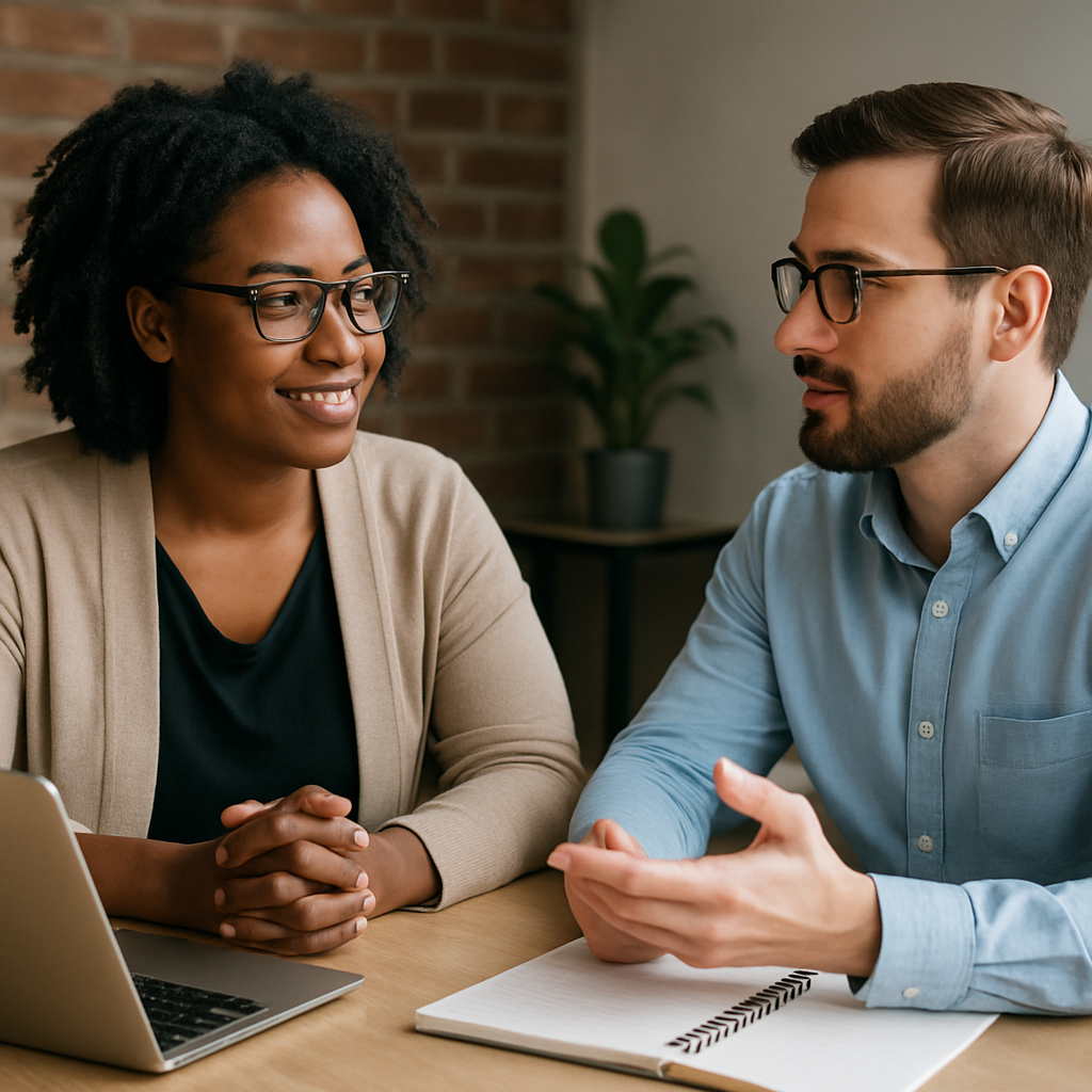photographic Two professionals in conversation across a table no salesy vibes