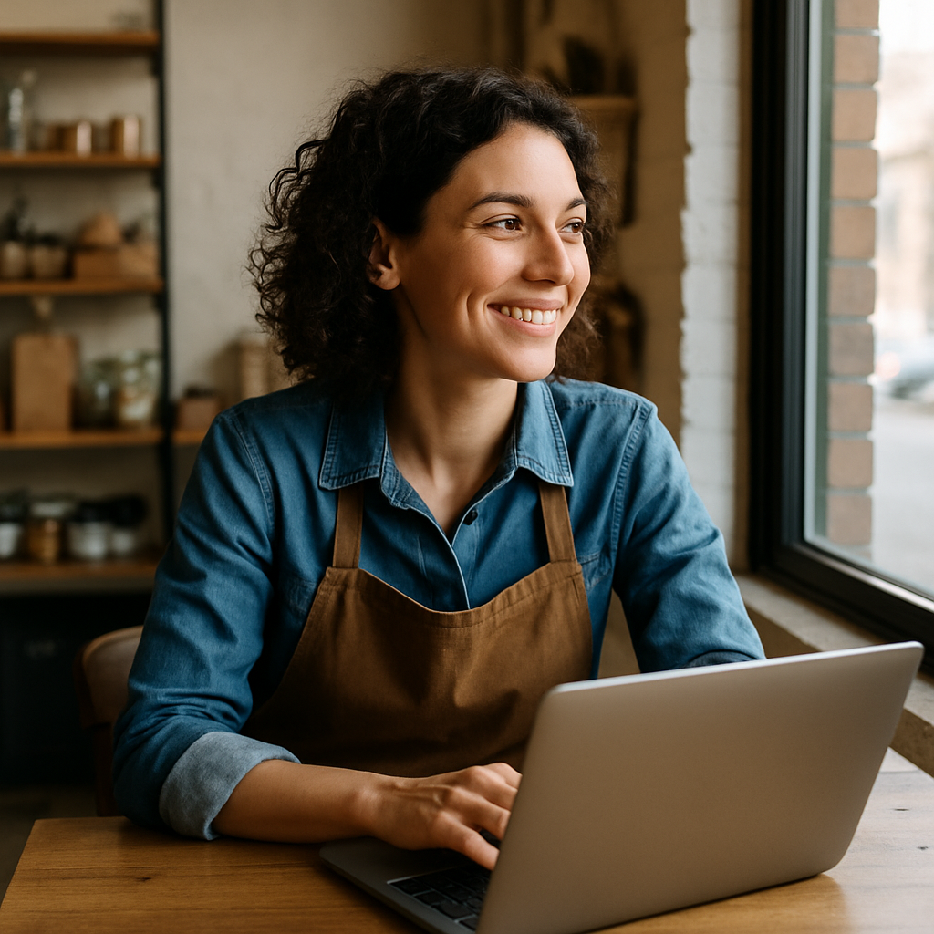 photographic a small business owner sitting in front of their laptop smiling out the window