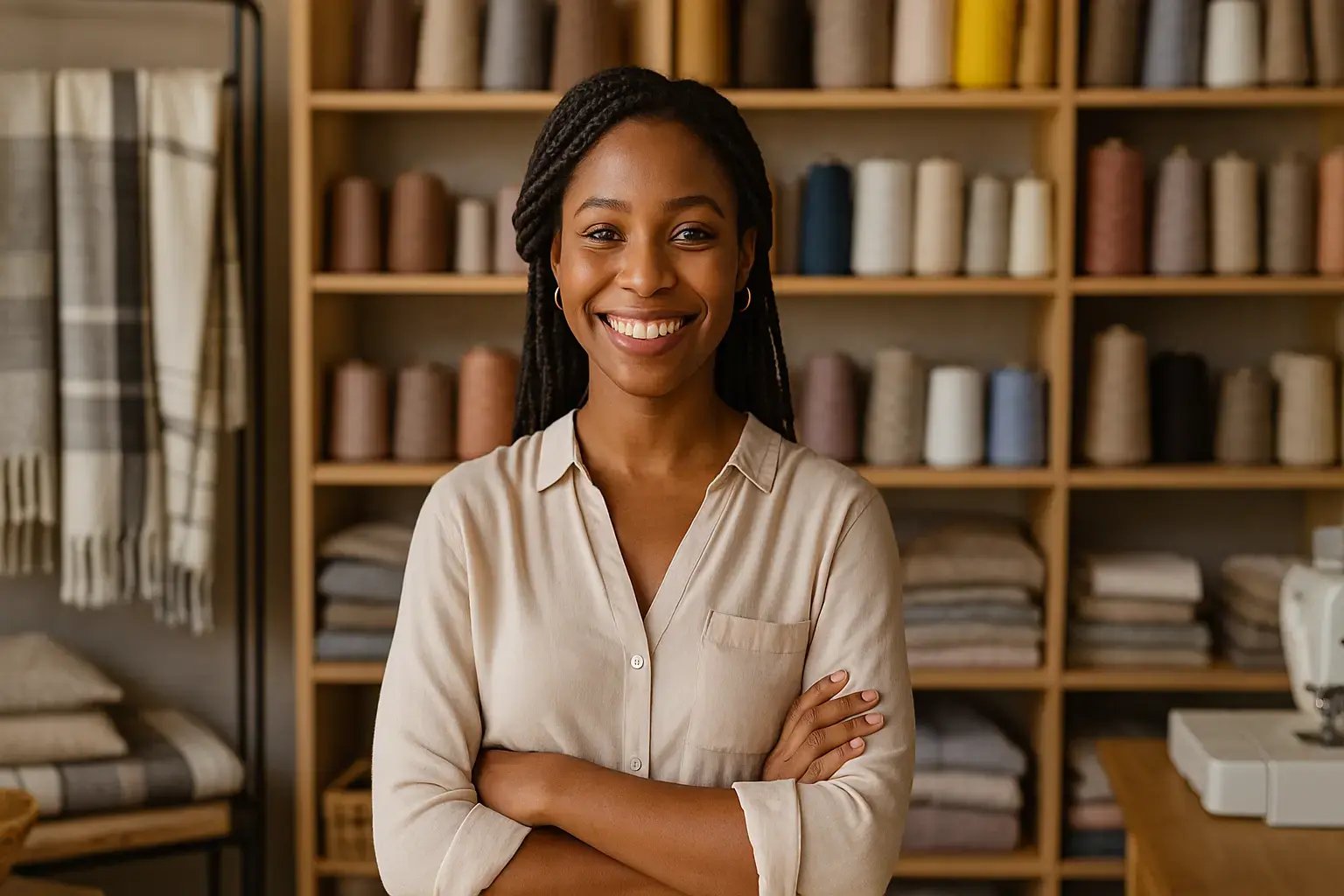 SMB Textile Owner in front of yarn. SMB Textile Owner in front of yarn.